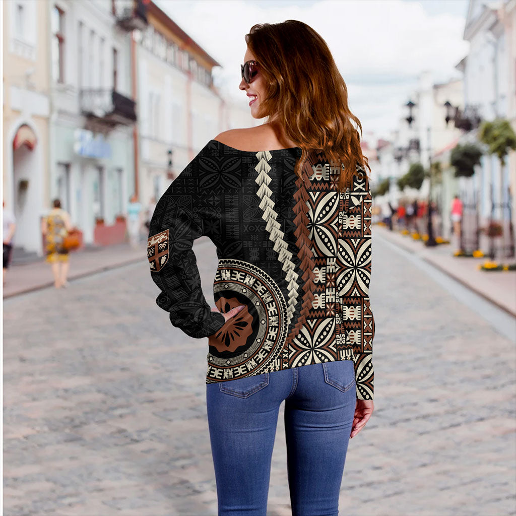 Fiji Off Shoulder Sweatshirt Kesakesa Masi Diamond Tapa Tribal