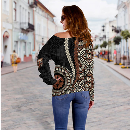 Fiji Off Shoulder Sweatshirt Kesakesa Masi Diamond Tapa Tribal