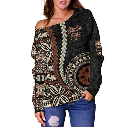Fiji Off Shoulder Sweatshirt Kesakesa Masi Diamond Tapa Tribal
