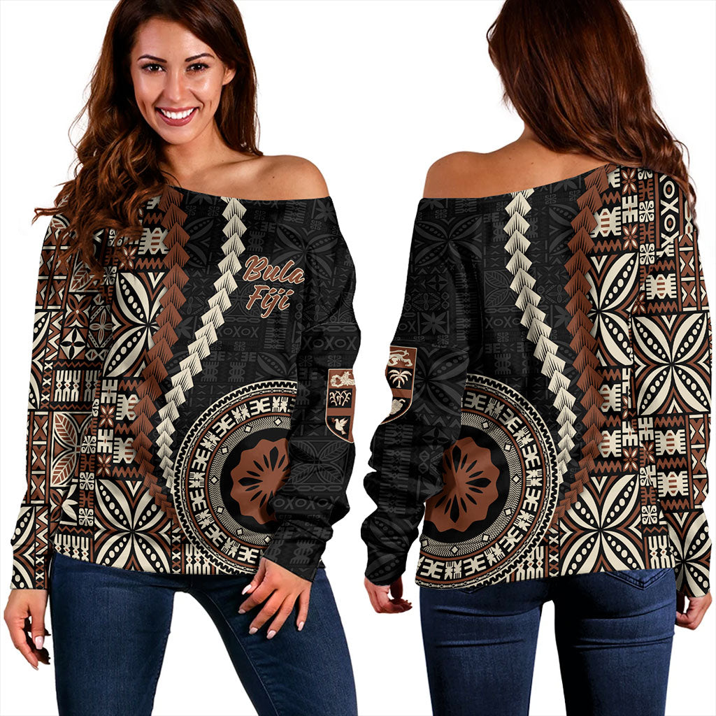 Fiji Off Shoulder Sweatshirt Kesakesa Masi Diamond Tapa Tribal