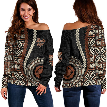 Fiji Off Shoulder Sweatshirt Kesakesa Masi Diamond Tapa Tribal