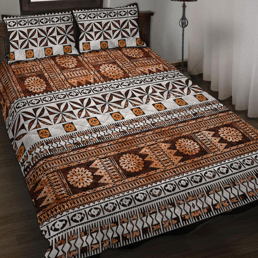 Fiji Quilt Bed Set Fijian Tapa Pattens Brown Color Vintage Design