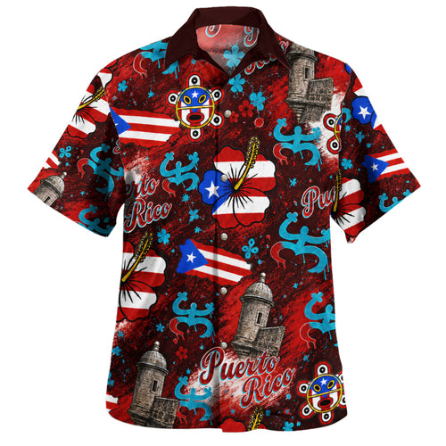 Puerto Rico Hawaiian Shirt Flag Hibiscus Coqui Taino Castle Style
