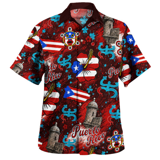 Puerto Rico Hawaiian Shirt Flag Hibiscus Coqui Taino Castle Style
