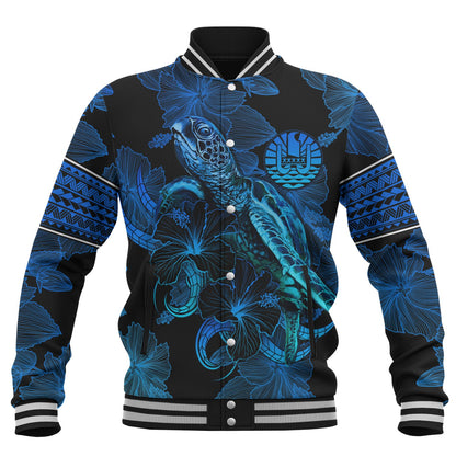 French Polynesia Baseball Jacket Sea Turtle With Blooming Hibiscus Flowers Tribal Blue