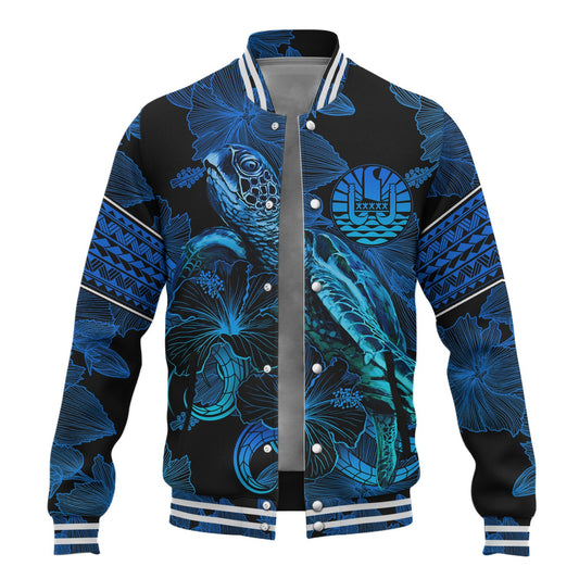 French Polynesia Baseball Jacket Sea Turtle With Blooming Hibiscus Flowers Tribal Blue
