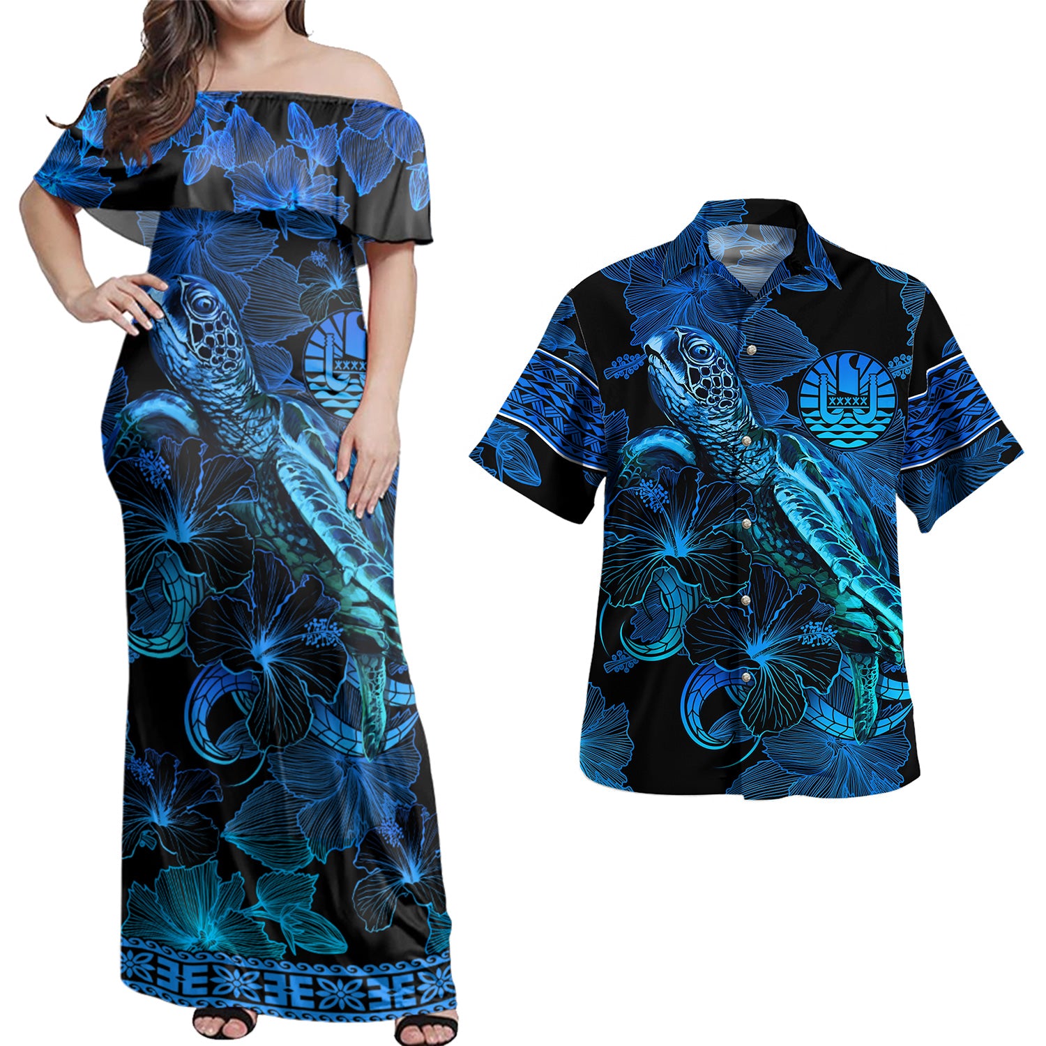 French Polynesia Combo Off Shoulder Long Dress And Shirt Sea Turtle With Blooming Hibiscus Flowers Tribal Blue