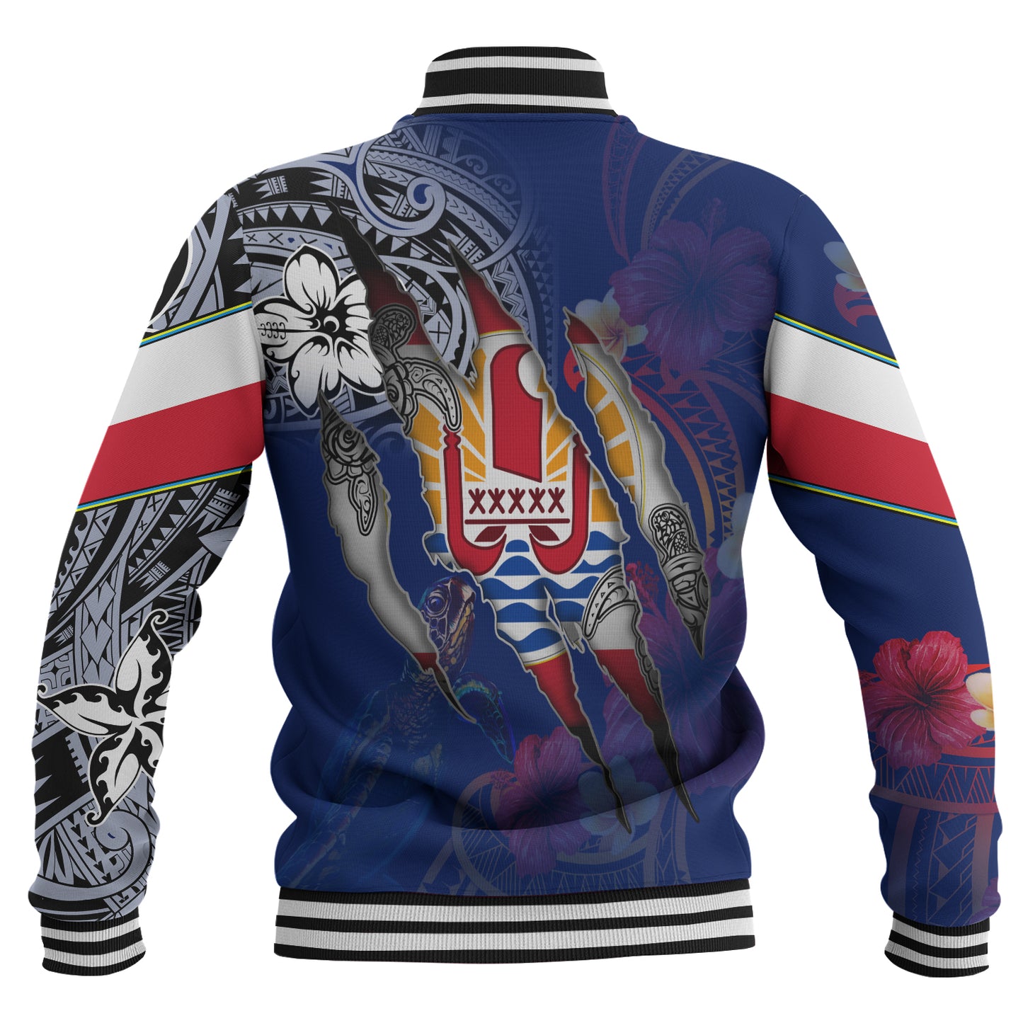 French Polynesia Baseball Jacket Custom French Polynesian Blood Inside Me Polynesian Sleeve Tattoo Tropical Blue