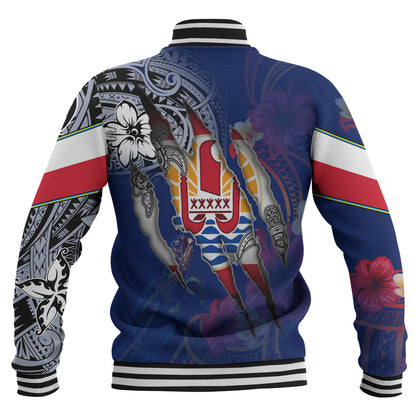 French Polynesia Baseball Jacket Custom French Polynesian Blood Inside Me Polynesian Sleeve Tattoo Tropical Blue
