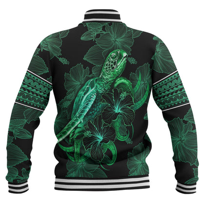French Polynesia Baseball Jacket  Sea Turtle With Blooming Hibiscus Flowers Tribal Green
