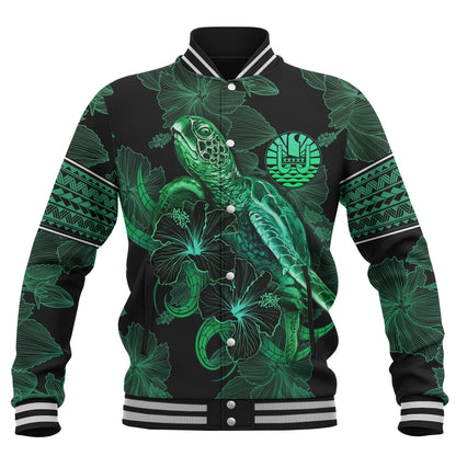 French Polynesia Baseball Jacket  Sea Turtle With Blooming Hibiscus Flowers Tribal Green
