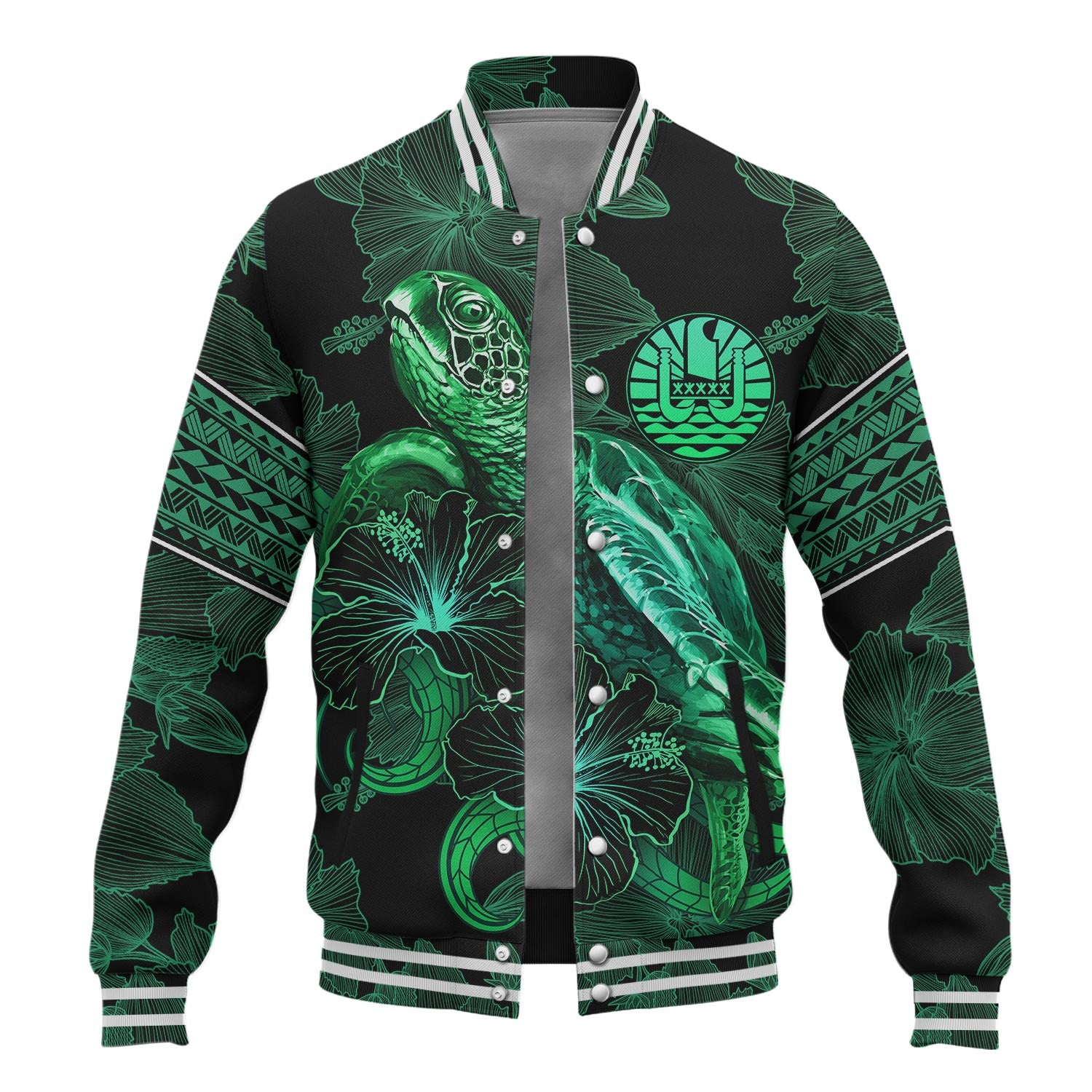 French Polynesia Baseball Jacket  Sea Turtle With Blooming Hibiscus Flowers Tribal Green