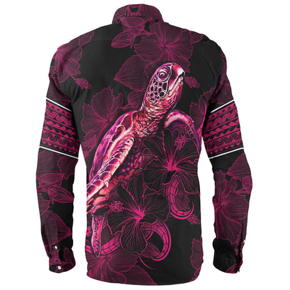 French Polynesia Long Sleeve Shirt Sea Turtle With Blooming Hibiscus Flowers Tribal Maroon