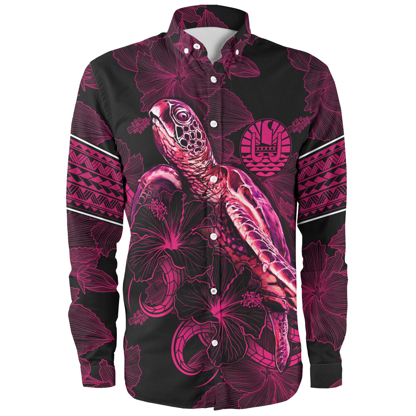 French Polynesia Long Sleeve Shirt Sea Turtle With Blooming Hibiscus Flowers Tribal Maroon