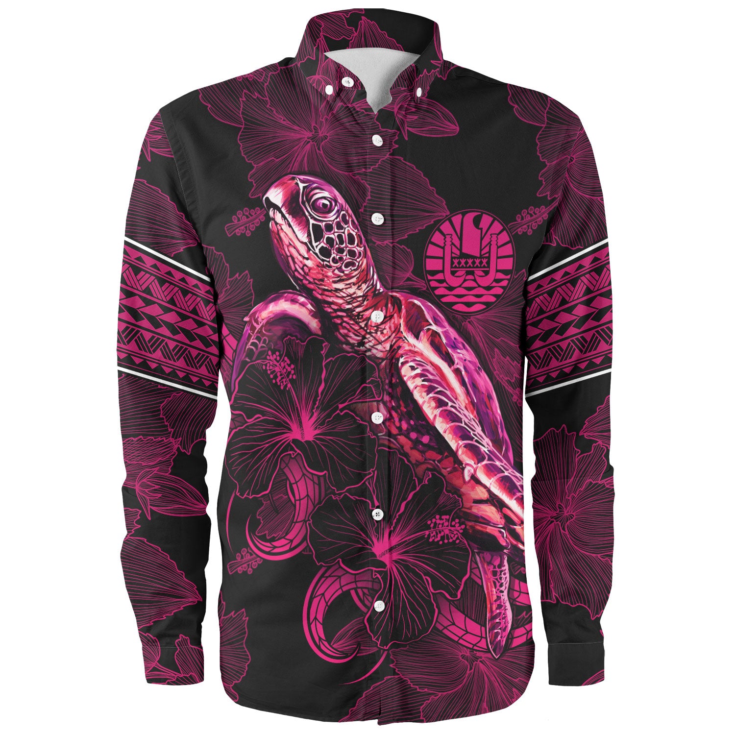 French Polynesia Long Sleeve Shirt Sea Turtle With Blooming Hibiscus Flowers Tribal Maroon