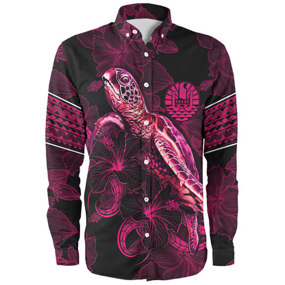 French Polynesia Long Sleeve Shirt Sea Turtle With Blooming Hibiscus Flowers Tribal Maroon