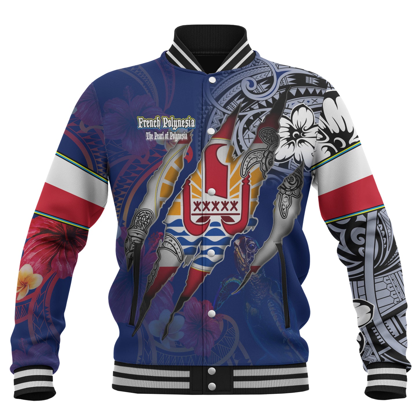 French Polynesia Baseball Jacket Custom French Polynesian Blood Inside Me Polynesian Sleeve Tattoo Tropical Blue