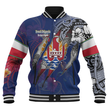 French Polynesia Baseball Jacket Custom French Polynesian Blood Inside Me Polynesian Sleeve Tattoo Tropical Blue