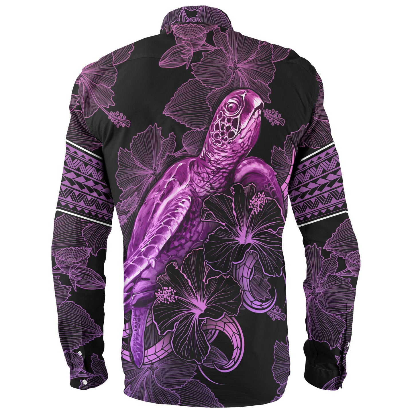 French Polynesia Long Sleeve Shirt Sea Turtle With Blooming Hibiscus Flowers Tribal Purple