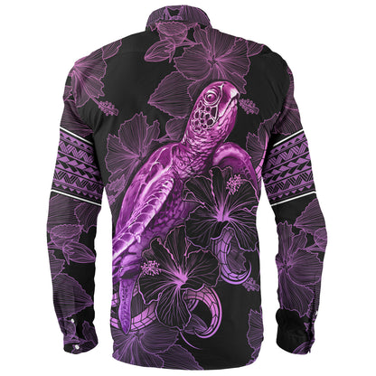 French Polynesia Long Sleeve Shirt Sea Turtle With Blooming Hibiscus Flowers Tribal Purple