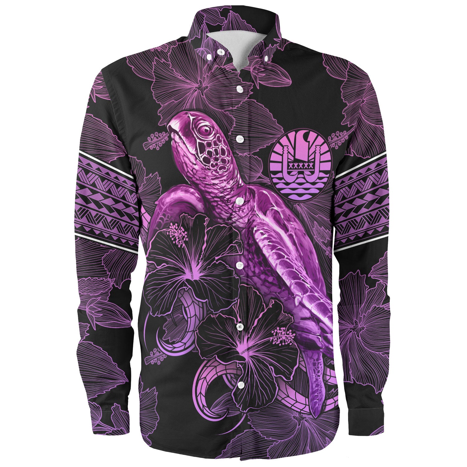 French Polynesia Long Sleeve Shirt Sea Turtle With Blooming Hibiscus Flowers Tribal Purple