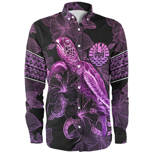 French Polynesia Long Sleeve Shirt Sea Turtle With Blooming Hibiscus Flowers Tribal Purple