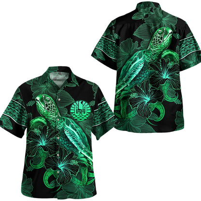 French Polynesia Hawaiian Shirt  Sea Turtle With Blooming Hibiscus Flowers Tribal Green
