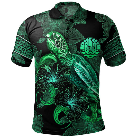 French Polynesia Polo Shirt  Sea Turtle With Blooming Hibiscus Flowers Tribal Green