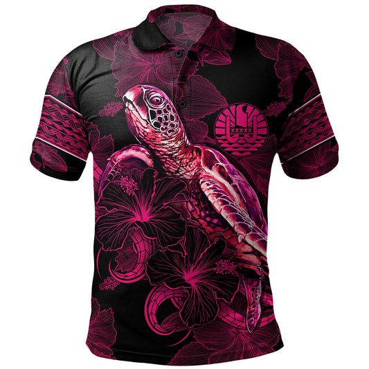 French Polynesia Polo Shirt Sea Turtle With Blooming Hibiscus Flowers Tribal Maroon