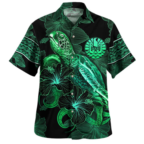 French Polynesia Hawaiian Shirt  Sea Turtle With Blooming Hibiscus Flowers Tribal Green