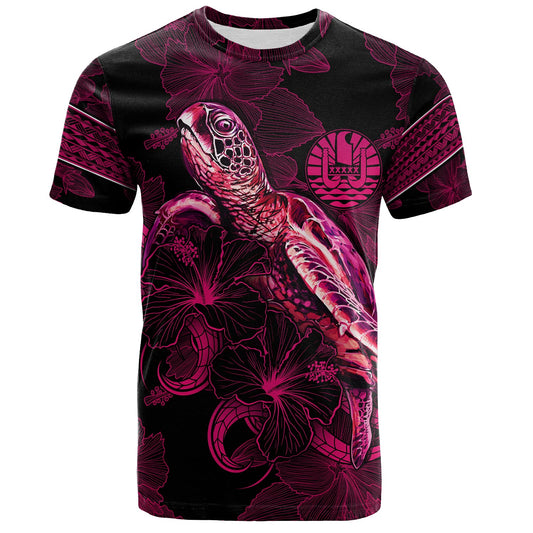 French Polynesia T-Shirt Sea Turtle With Blooming Hibiscus Flowers Tribal Maroon