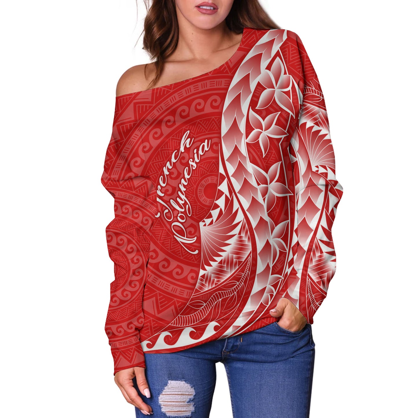French Polynesia Custom Personalised Off Shoulder Sweatshirt Coat Of Arms Tribal Patterns Style