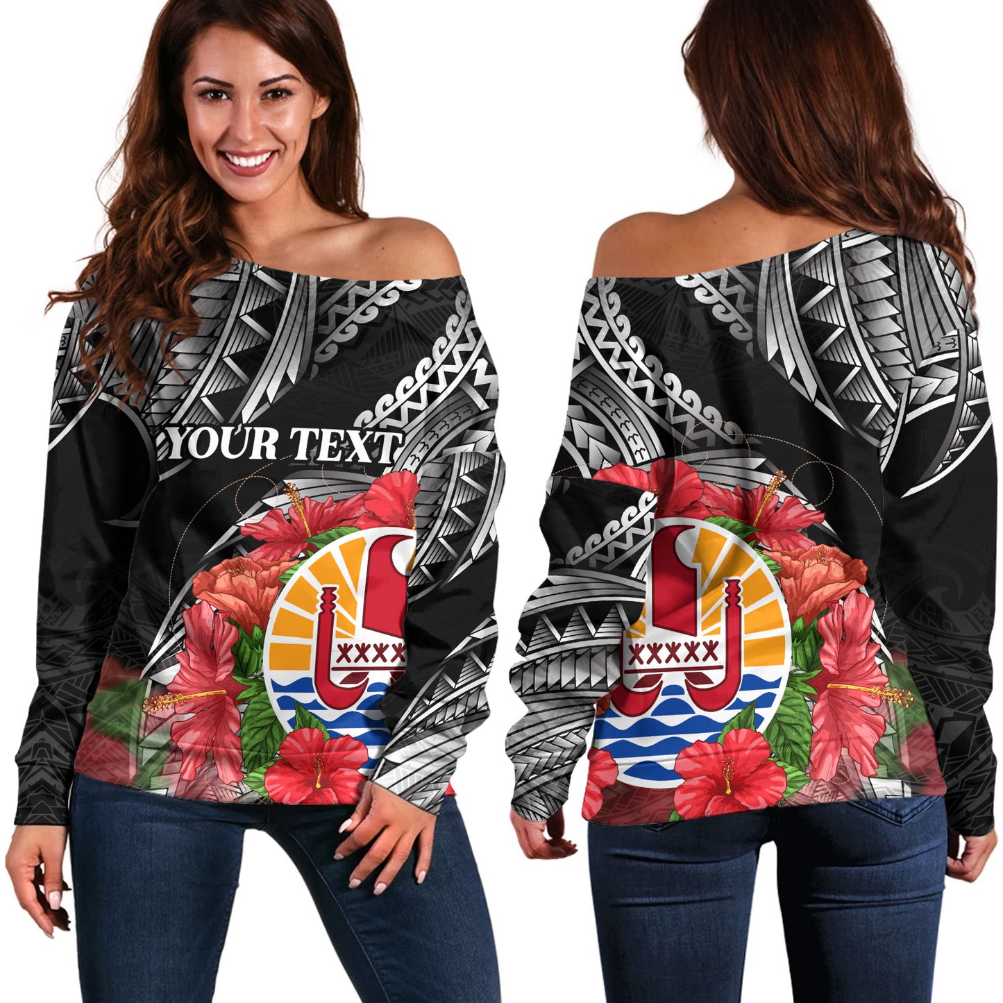 French Polynesia Custom Personalised Off Shoulder Sweatshirt Seal Hibiscus Flowers Special Style