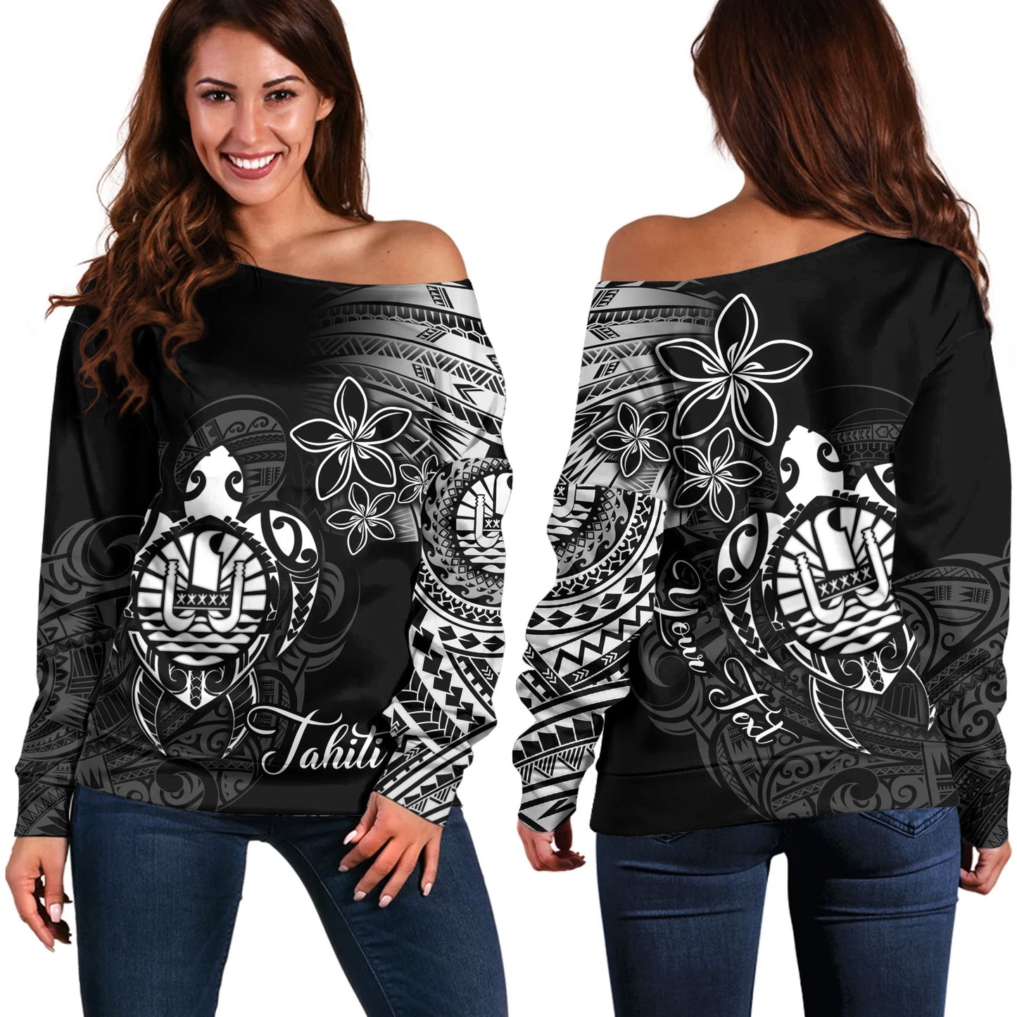 French Polynesia Custom Personalised Off Shoulder Sweatshirt Seal Turtle Plumeria Tribal Patterns
