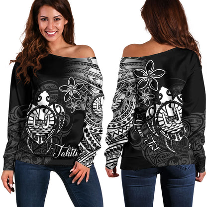 French Polynesia Custom Personalised Off Shoulder Sweatshirt Seal Turtle Plumeria Tribal Patterns