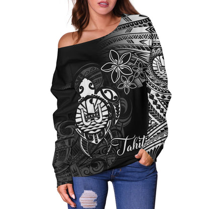 French Polynesia Custom Personalised Off Shoulder Sweatshirt Seal Turtle Plumeria Tribal Patterns