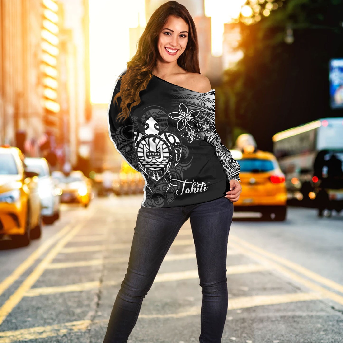 French Polynesia Custom Personalised Off Shoulder Sweatshirt Seal Turtle Plumeria Tribal Patterns