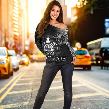 French Polynesia Custom Personalised Off Shoulder Sweatshirt Seal Turtle Plumeria Tribal Patterns