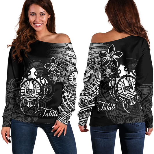 French Polynesia Custom Personalised Off Shoulder Sweatshirt Seal Turtle Plumeria Tribal Patterns