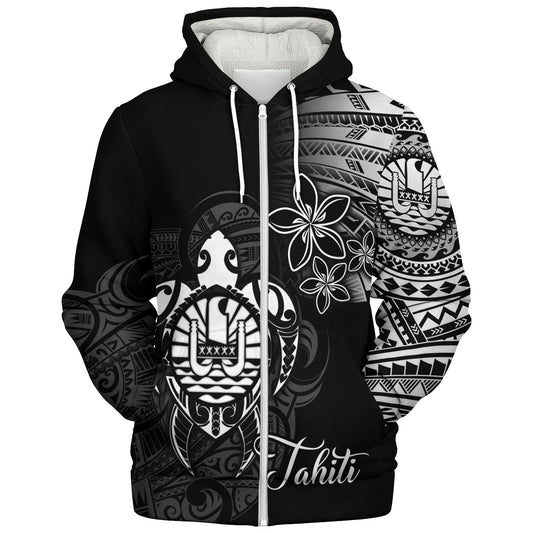 French Polynesia Custom Personalised Sherpa Hoodie Seal Turtle Plumeria Tribal Patterns