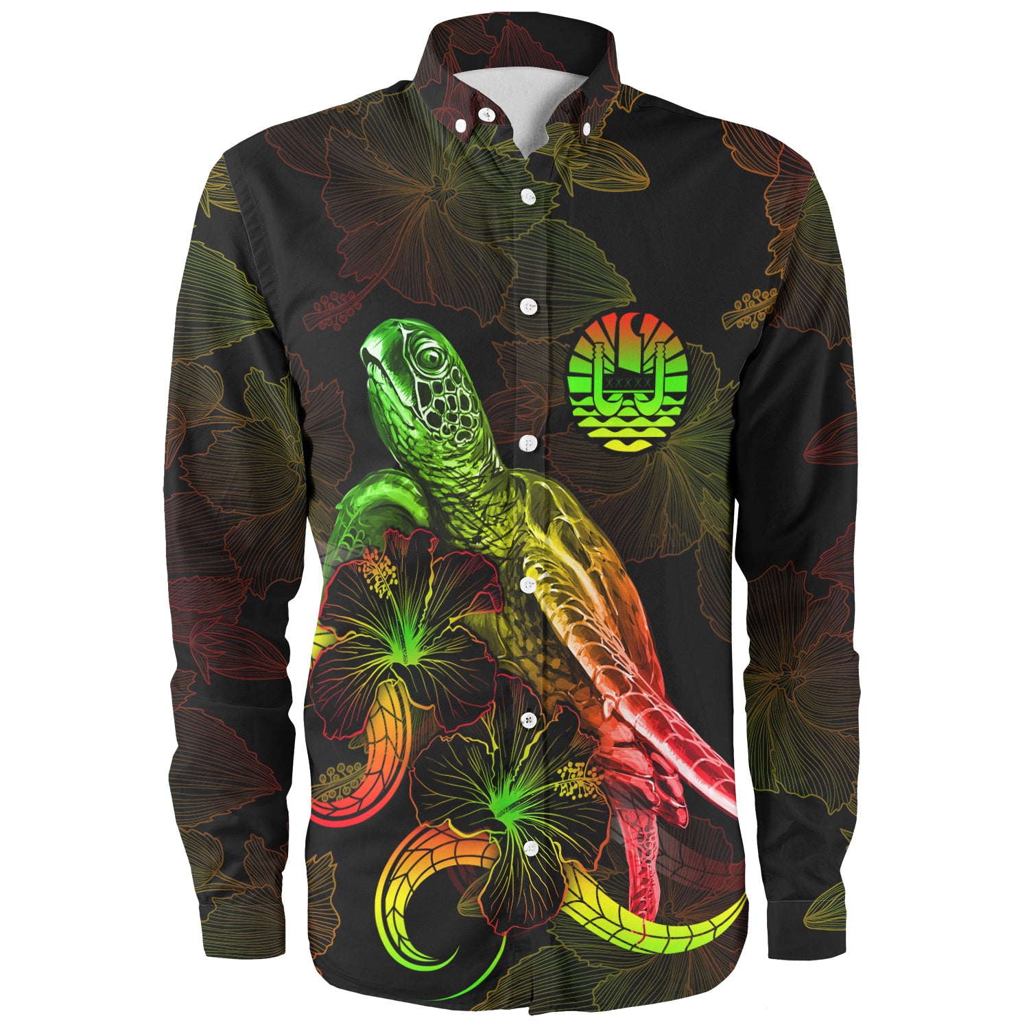 French Polynesia Long Sleeve Shirt Sea Turtle With Blooming Hibiscus Flowers Reggae