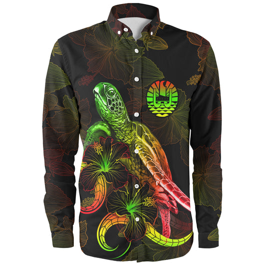 French Polynesia Long Sleeve Shirt Sea Turtle With Blooming Hibiscus Flowers Reggae