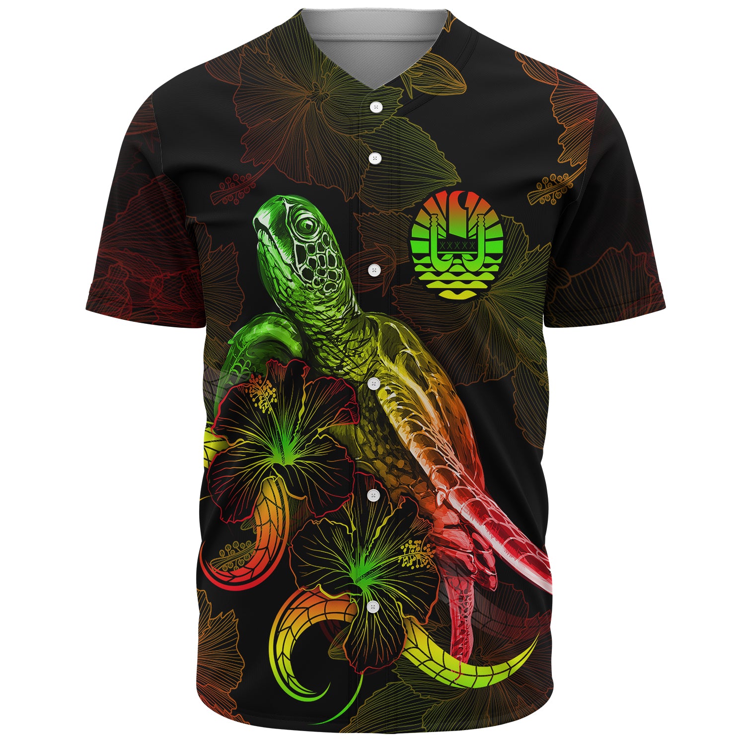 French Polynesia Baseball Shirt Sea Turtle With Blooming Hibiscus Flowers Reggae