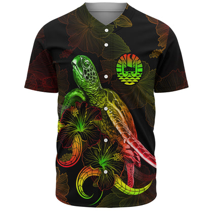 French Polynesia Baseball Shirt Sea Turtle With Blooming Hibiscus Flowers Reggae