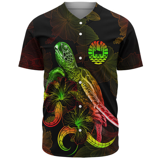 French Polynesia Baseball Shirt Sea Turtle With Blooming Hibiscus Flowers Reggae