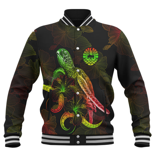 French Polynesia Baseball Jacket Sea Turtle With Blooming Hibiscus Flowers Reggae