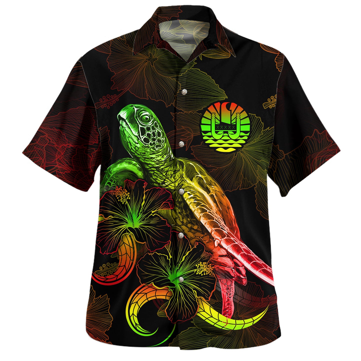 French Polynesia Hawaiian Shirt Sea Turtle With Blooming Hibiscus Flowers Reggae