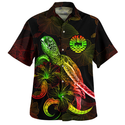 French Polynesia Hawaiian Shirt Sea Turtle With Blooming Hibiscus Flowers Reggae