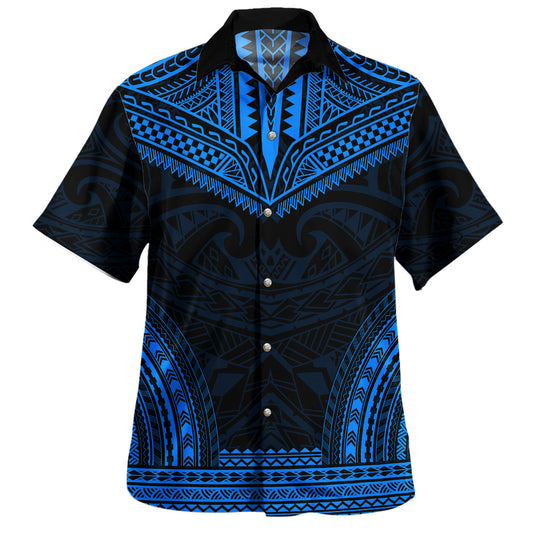 Custom Brocade Shirt Polynesian Chief Tattoo Blue