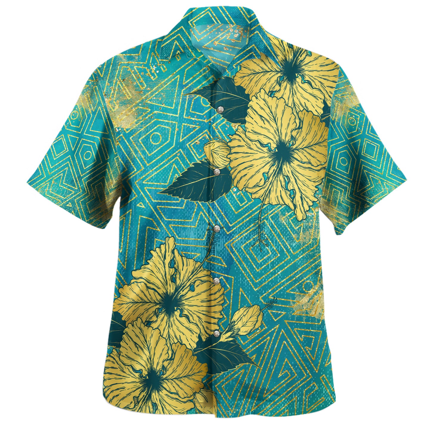 Hawaii Hawaiian Shirt Golden Hibiscus Turquoise Color Tribal Pattern